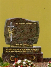 Paradiso Granite SM017 stone with cross and sheaf of wheat + prayer inscribed on sub base